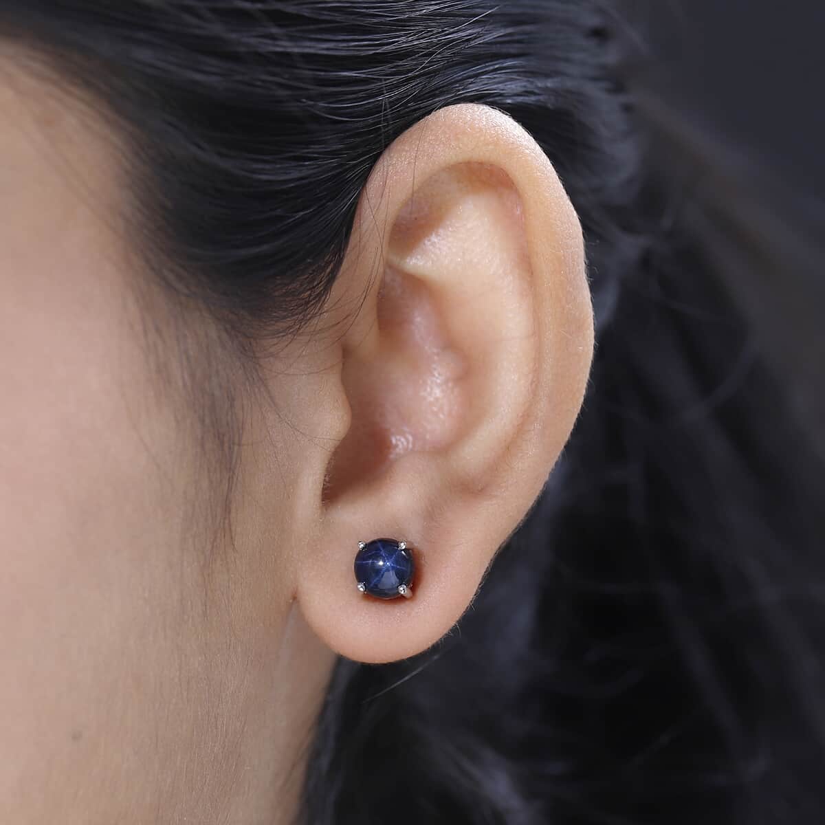 Blue Star Sapphire (DF) Solitaire Stud Earrings in Platinum Over Sterling Silver 4.50 ctw image number 2