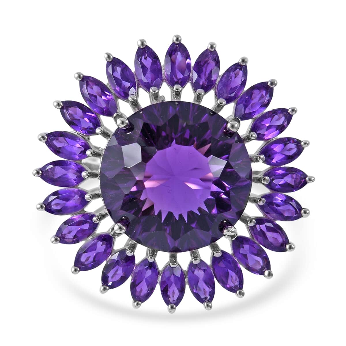 120 Facets African Amethyst 13.50 ctw Sunflower Ring in Platinum Over Sterling Silver (Size 11.0) image number 0