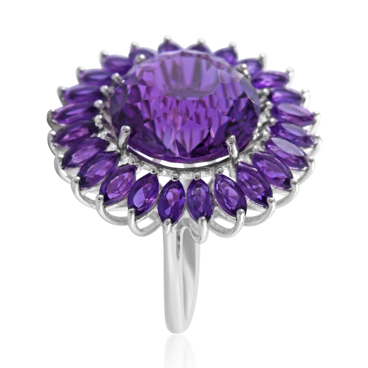 120 Facets African Amethyst 13.50 ctw Sunflower Ring in Platinum Over Sterling Silver (Size 11.0) image number 2