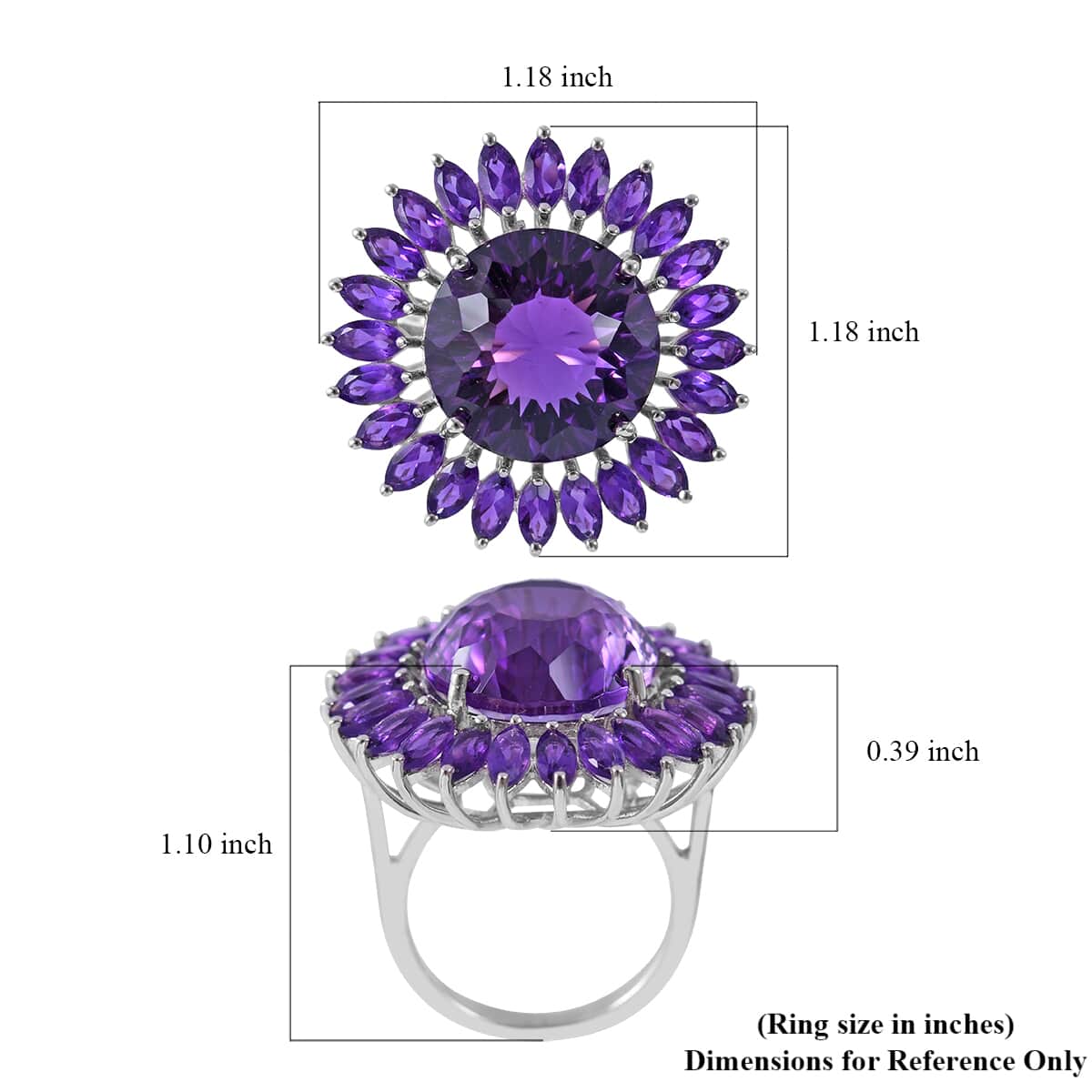 120 Facets African Amethyst 13.50 ctw Sunflower Ring in Platinum Over Sterling Silver (Size 11.0) image number 4