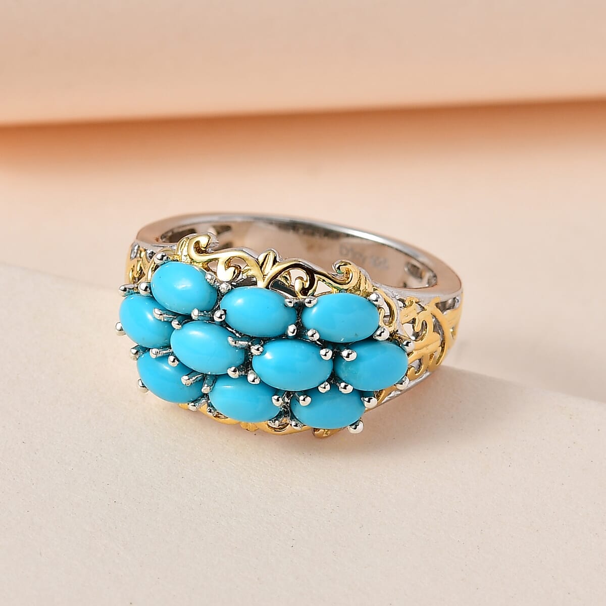 Premium Sleeping Beauty Turquoise Ring in Vermeil Yellow Gold and Platinum Over Sterling Silver 2.40 ctw image number 1