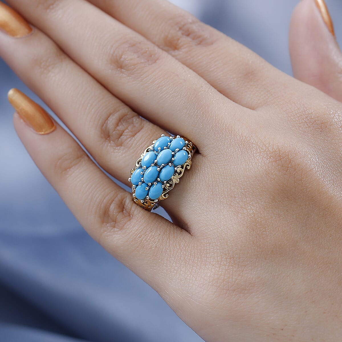 Premium Sleeping Beauty Turquoise Ring in Vermeil Yellow Gold and Platinum Over Sterling Silver (Size 5.0) 2.40 ctw image number 2