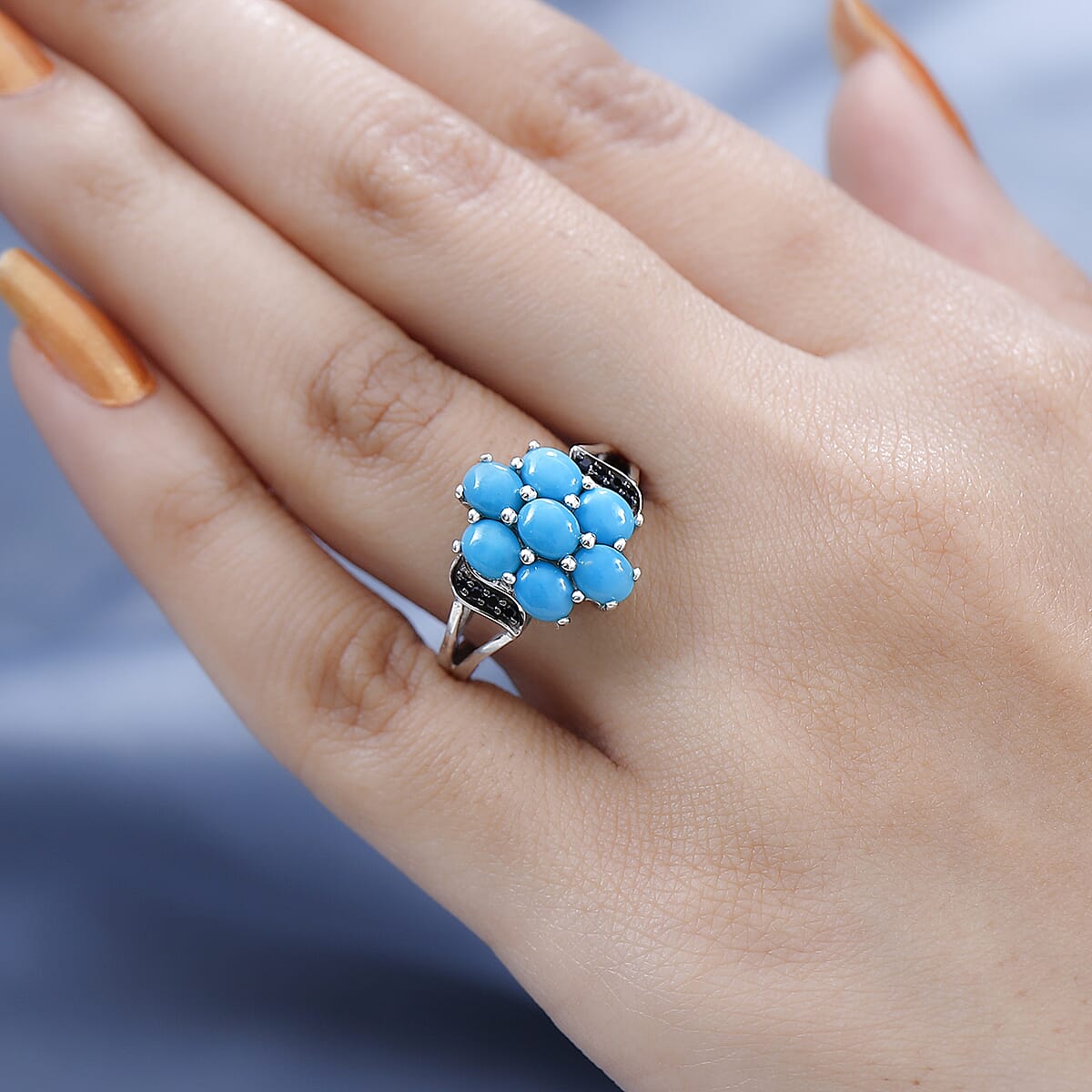 Premium Sleeping Beauty Turquoise and Thai Black Spinel Ring in Platinum Over Sterling Silver 2.65 ctw (Del. in 3-5 Days) image number 2