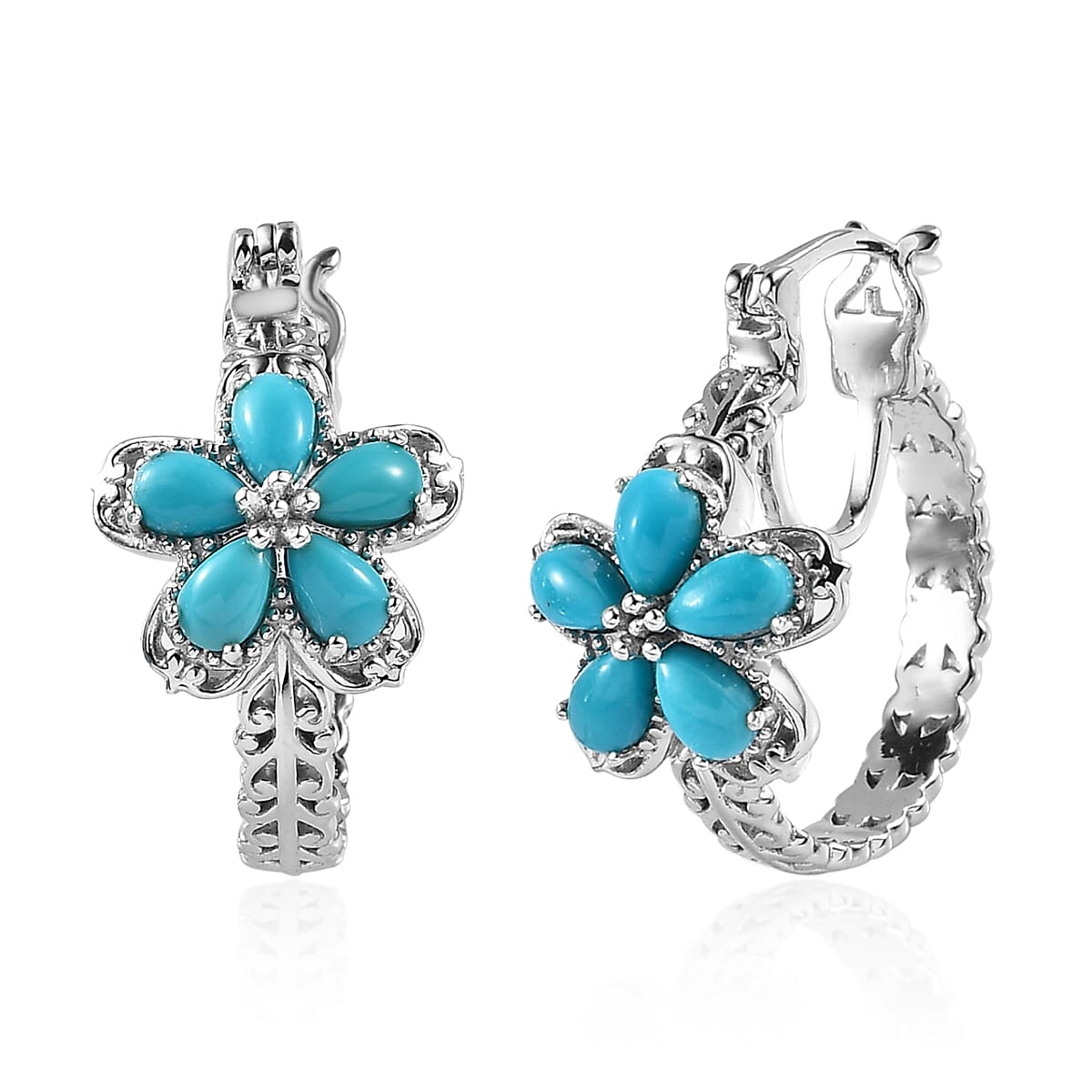 Premium Sleeping Beauty Turquoise Flower Hoop Earrings in Platinum Over Sterling Silver 2.00 ctw image number 0