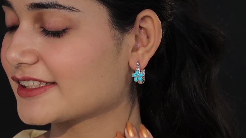 Premium Sleeping Beauty Turquoise Flower Hoop Earrings in Platinum Over Sterling Silver 2.00 ctw