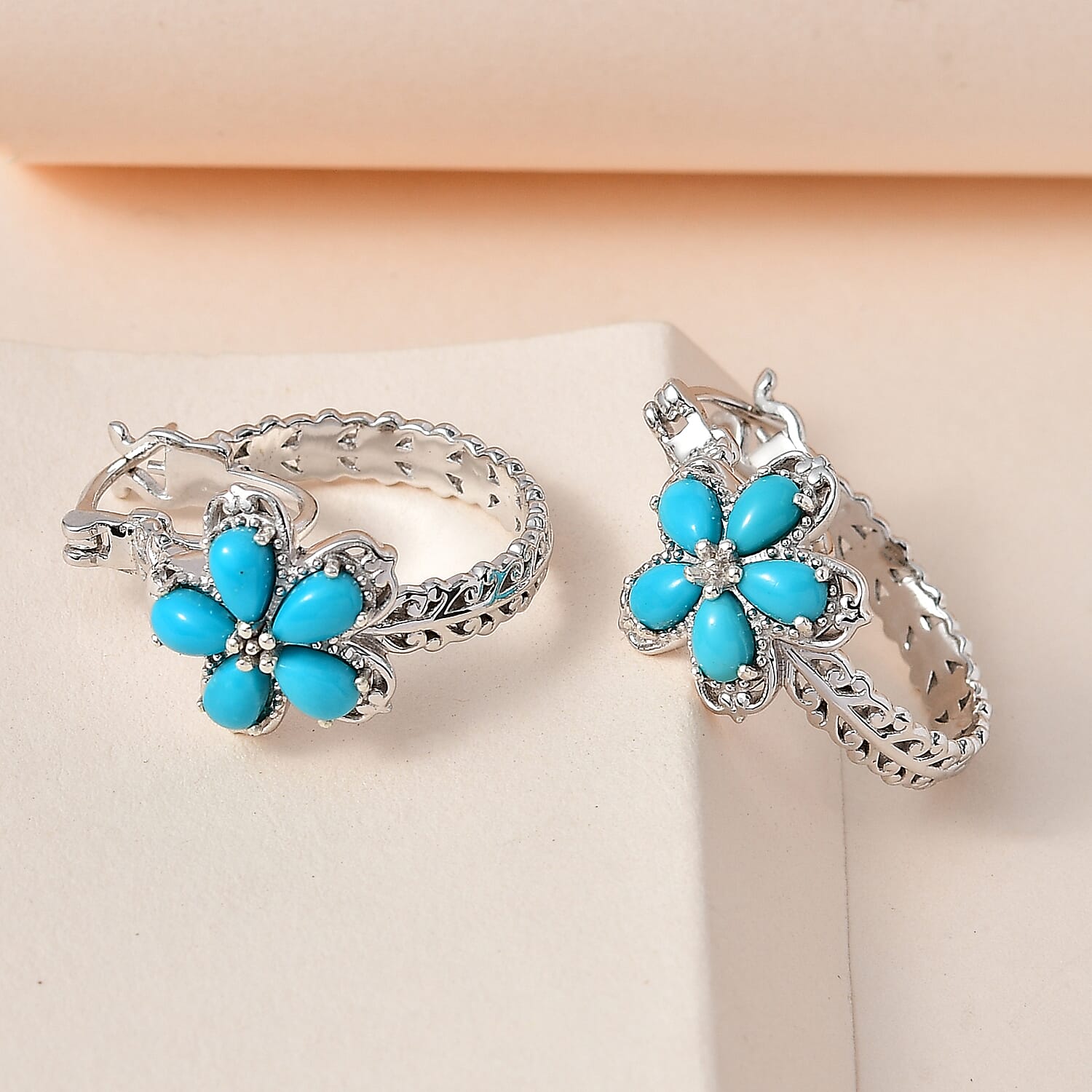 Premium Sleeping Beauty Turquoise Flower Hoop Earrings in Platinum Over Sterling Silver 2.00 ctw