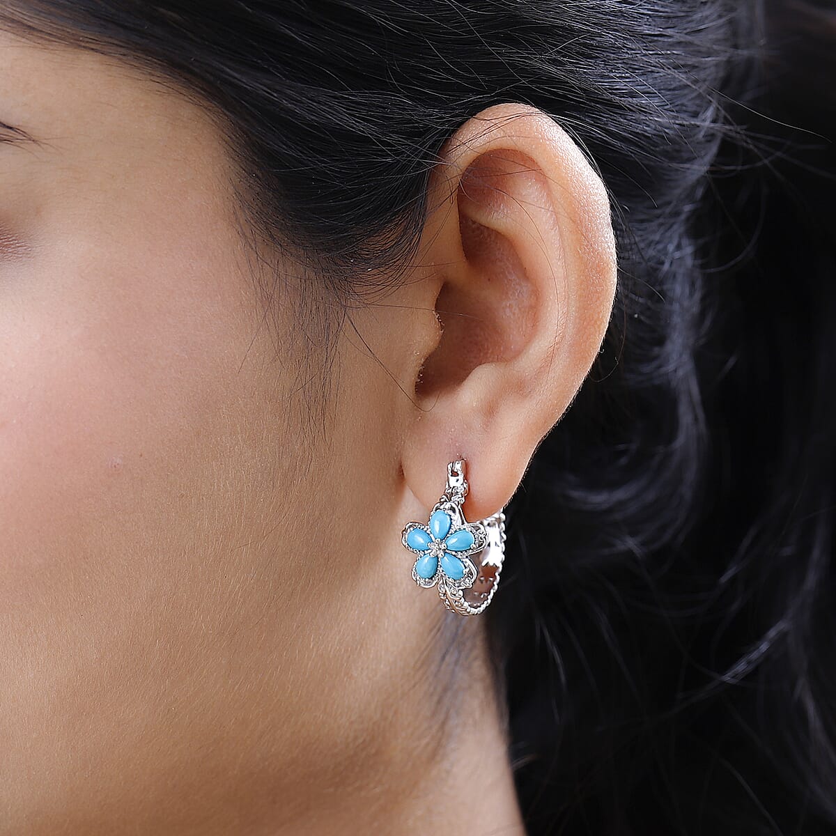 Premium Sleeping Beauty Turquoise Flower Hoop Earrings in Platinum Over Sterling Silver 2.00 ctw image number 2