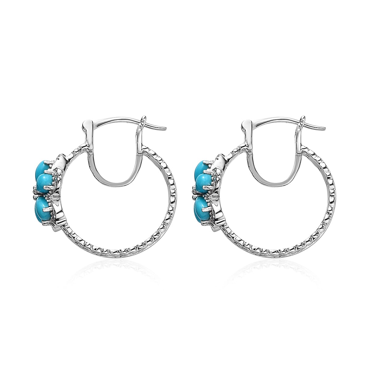 Premium Sleeping Beauty Turquoise Flower Hoop Earrings in Platinum Over Sterling Silver 2.00 ctw image number 3