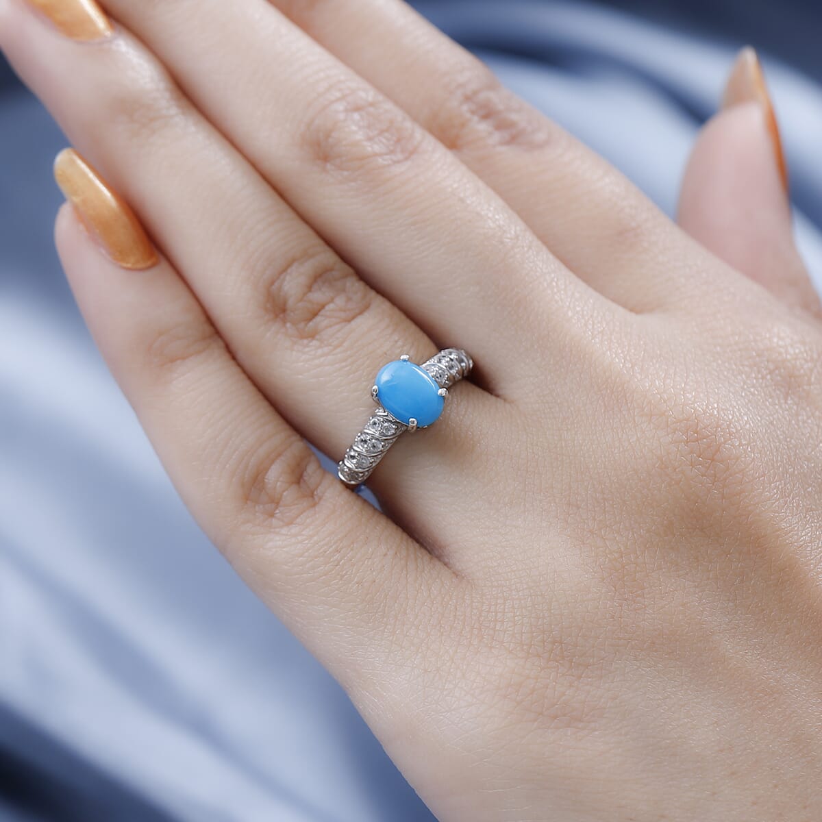 Premium Sleeping Beauty Turquoise and White Zircon Ring in Platinum Over Sterling Silver 1.35 ctw image number 2