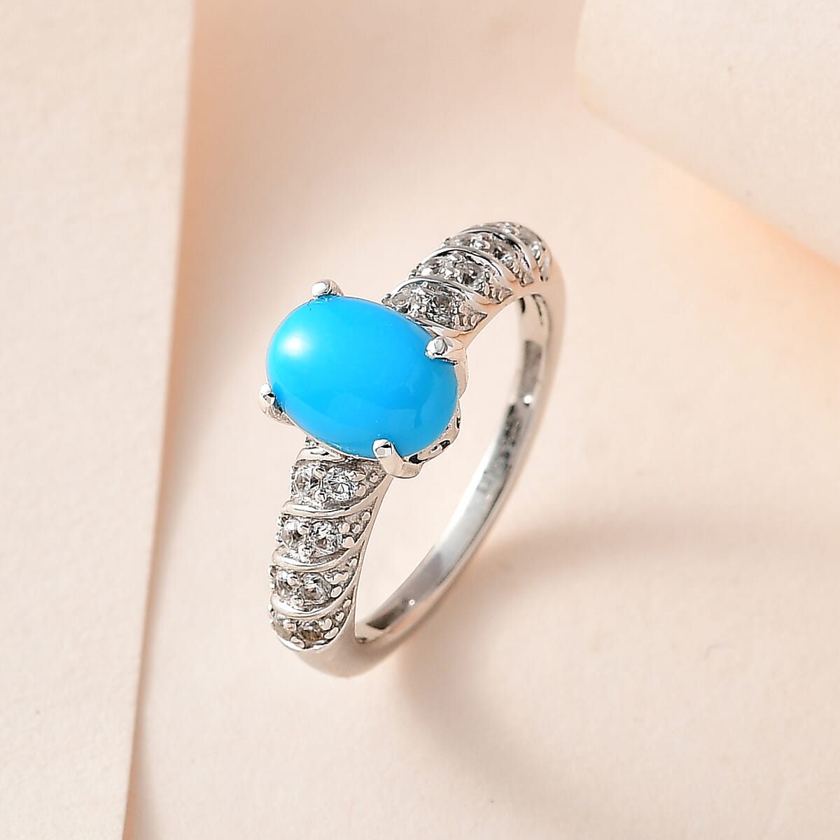 Premium Sleeping Beauty Turquoise and White Zircon Ring in Platinum Over Sterling Silver (Size 9.0) 1.35 ctw image number 1