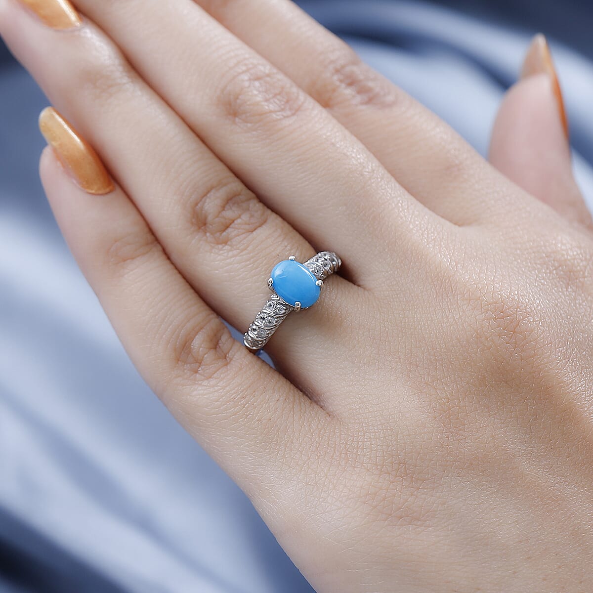 Premium Sleeping Beauty Turquoise and White Zircon Ring in Platinum Over Sterling Silver (Size 9.0) 1.35 ctw image number 2