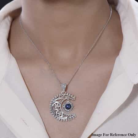 Moon & Star Necklace 1/8 ct tw Blue Diamonds Sterling Silver