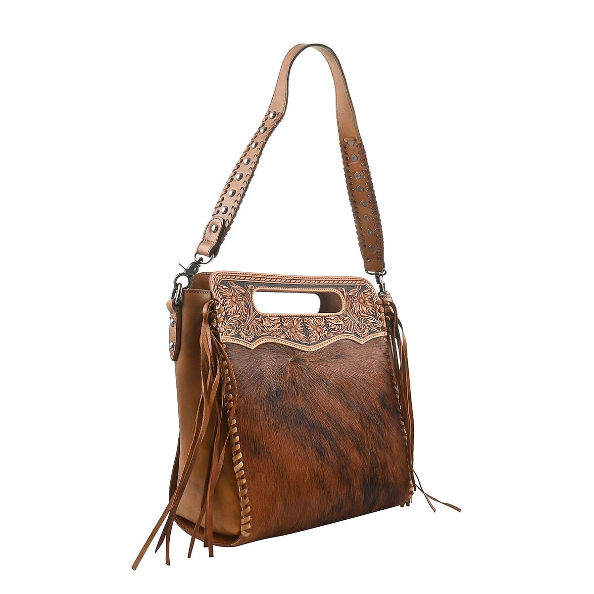 Montana West Brown Genuine Leather & Hair-on Cowhide Doble Handle Shoulder Bag image number 1