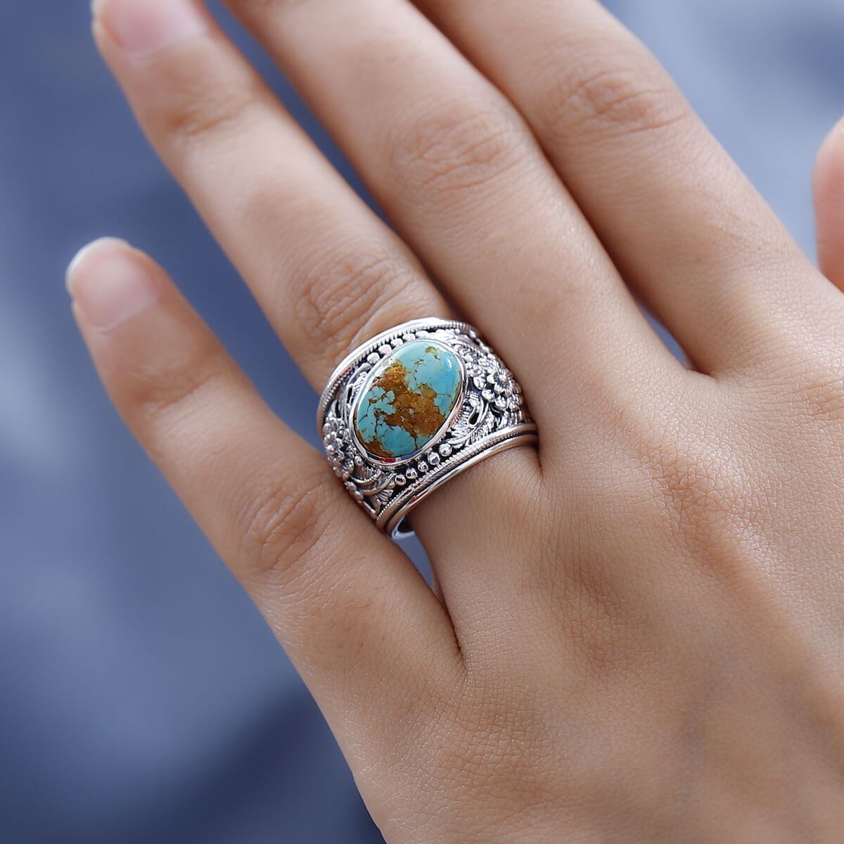 Artisan Crafted Royston Turquoise Floral Ring in Sterling Silver 5.90 ctw image number 2
