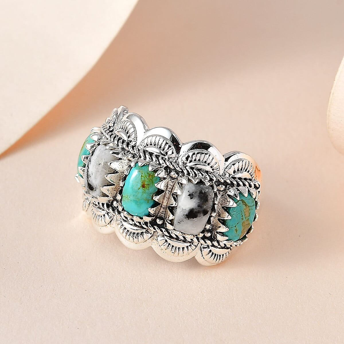 Artisan Crafted Royston Turquoise and White Buffalo 5 Stone Ring in Sterling Silver 3.00 ctw image number 1