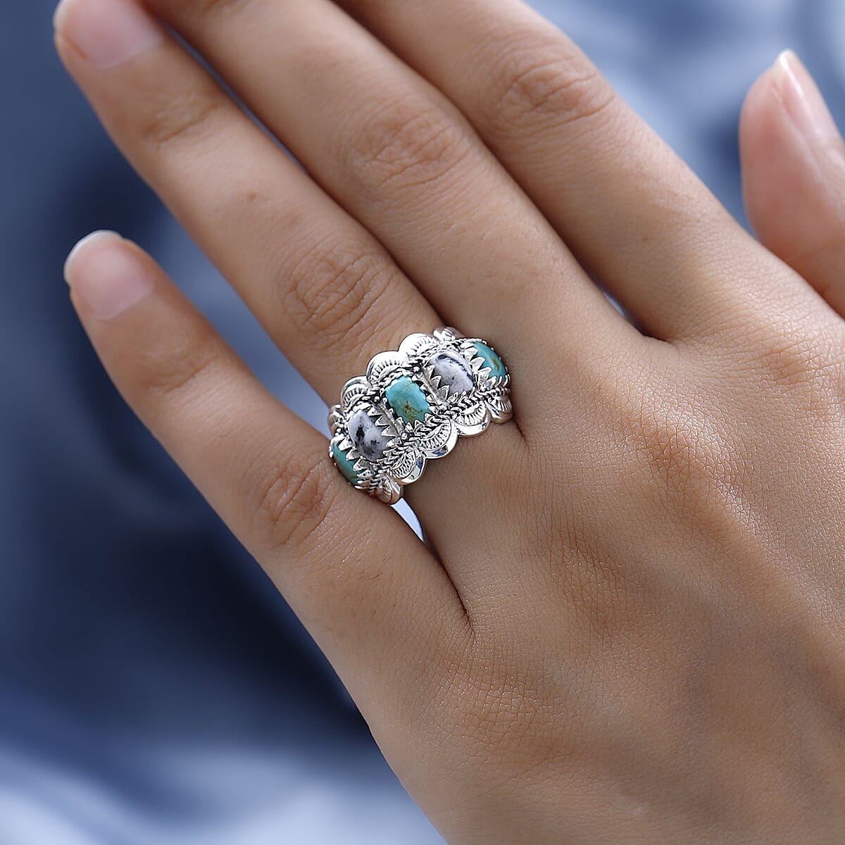 Artisan Crafted Royston Turquoise and White Buffalo 5 Stone Ring in Sterling Silver 3.00 ctw image number 2