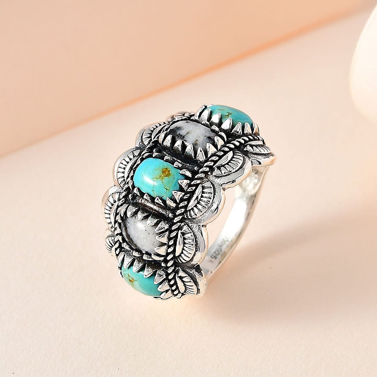 Artisan Crafted Royston Turquoise and White Buffalo 5 Stone Ring in Sterling Silver (Size 5.0) 3.00 ctw image number 1