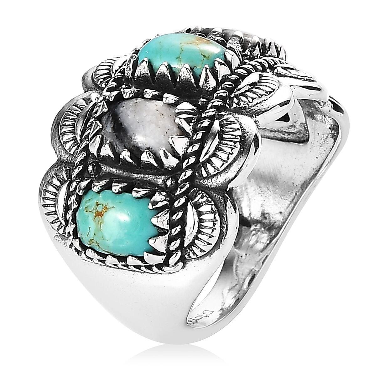 Artisan Crafted Royston Turquoise and White Buffalo 5 Stone Ring in Sterling Silver (Size 5.0) 3.00 ctw image number 3