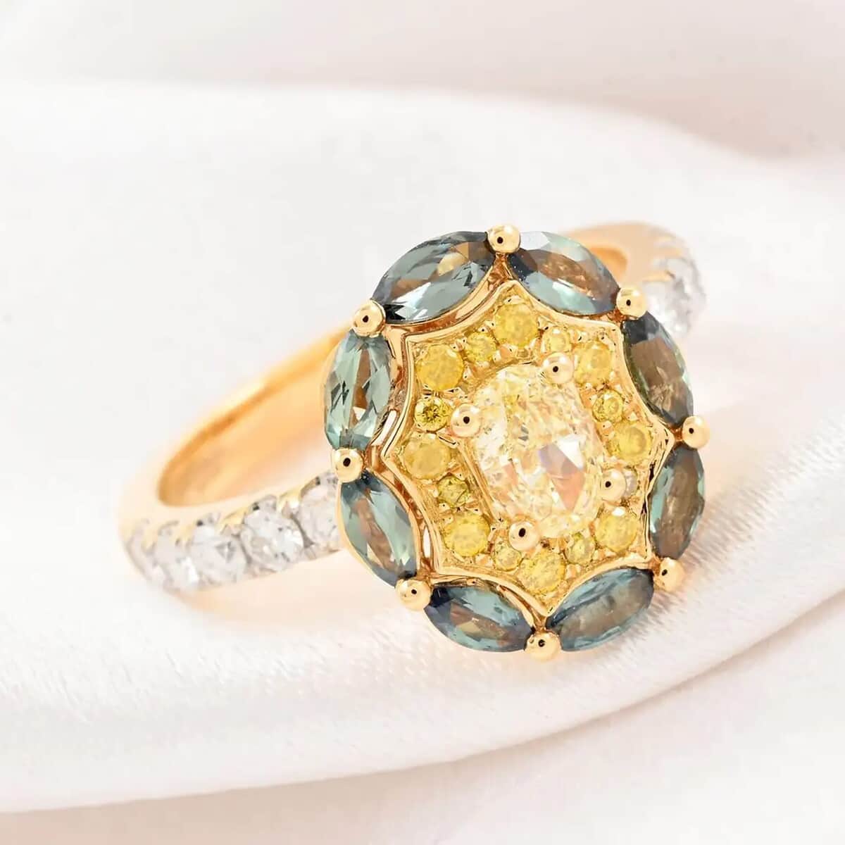 Ankur Treasure Chest Modani 18K Yellow Gold Natural Yellow and White Diamond, Narsipatnam Alexandrite Ring (Size 6.0) 5.15 Grams 1.40 ctw image number 1