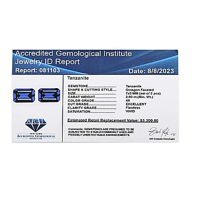 Certified and Appraised AAAA Tanzanite Set of 2 (Oct 7x5 mm) 2.00 ctw