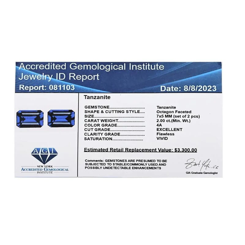 Certified and Appraised AAAA Tanzanite Set of 2 (Oct 7x5 mm) 2.00 ctw