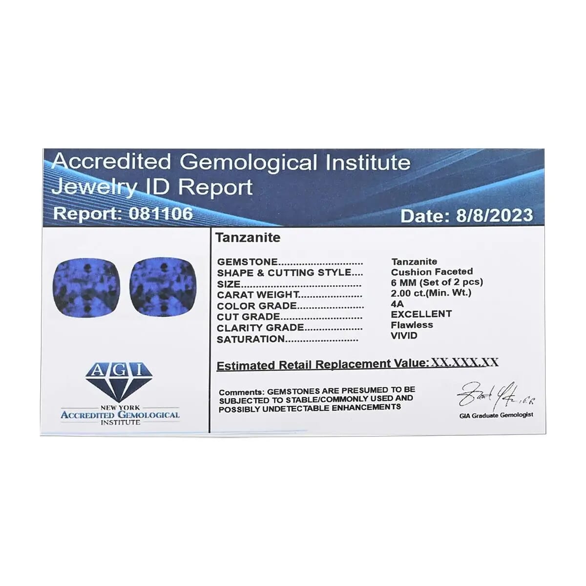 Certified & Appraised AAAA Tanzanite Set of 2, Cushion Shaped Loose Tanzanite 2.00 ctw Set For Earrings Ring Necklace Making, Loose Gemstone Set For Jewelry (Cush 6 mm) image number 6
