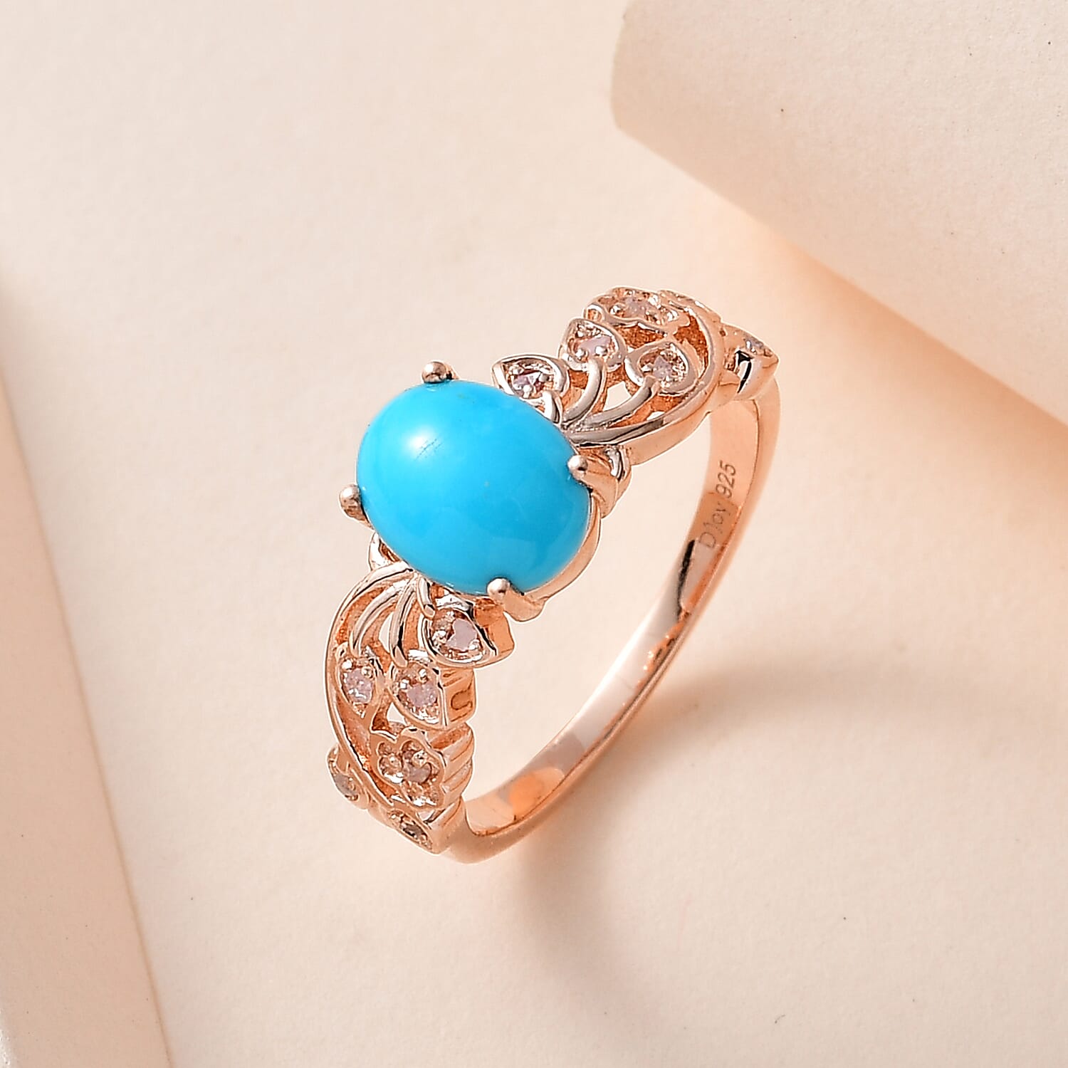 Premium Sleeping Beauty Turquoise and Uncut Natural Pink Diamond Ring in Vermeil Rose Gold Over Sterling Silver (Size 10.0) 1.60 ctw