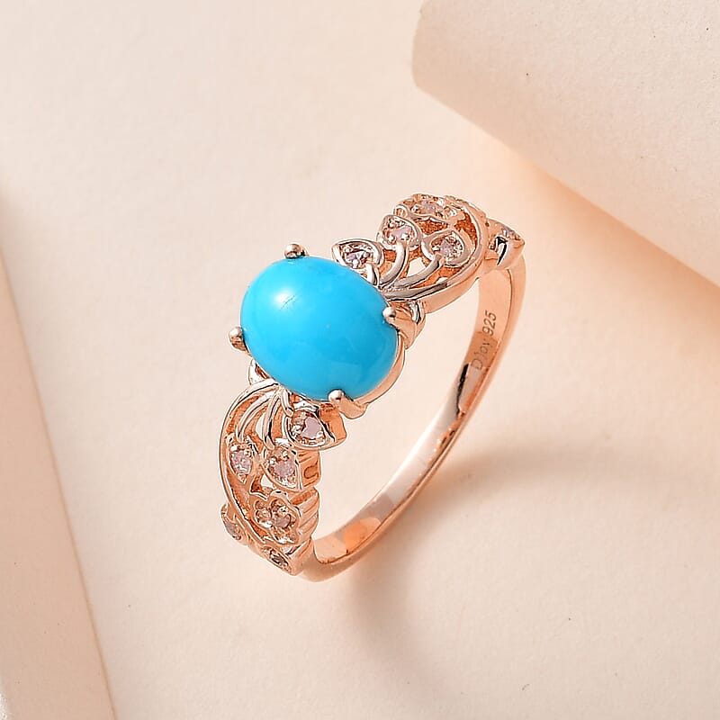 Premium Sleeping Beauty Turquoise and Uncut Natural Pink Diamond Ring in Vermeil Rose Gold Over Sterling Silver (Size 10.0) 1.60 ctw