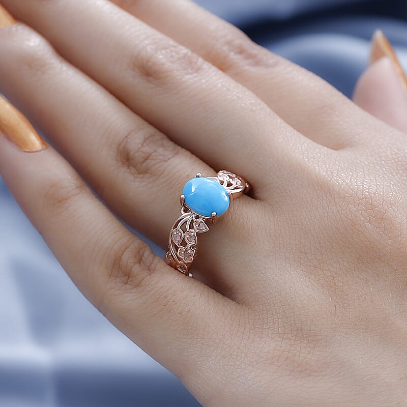 Premium Sleeping Beauty Turquoise and Uncut Natural Pink Diamond Ring in Vermeil Rose Gold Over Sterling Silver (Size 10.0) 1.60 ctw