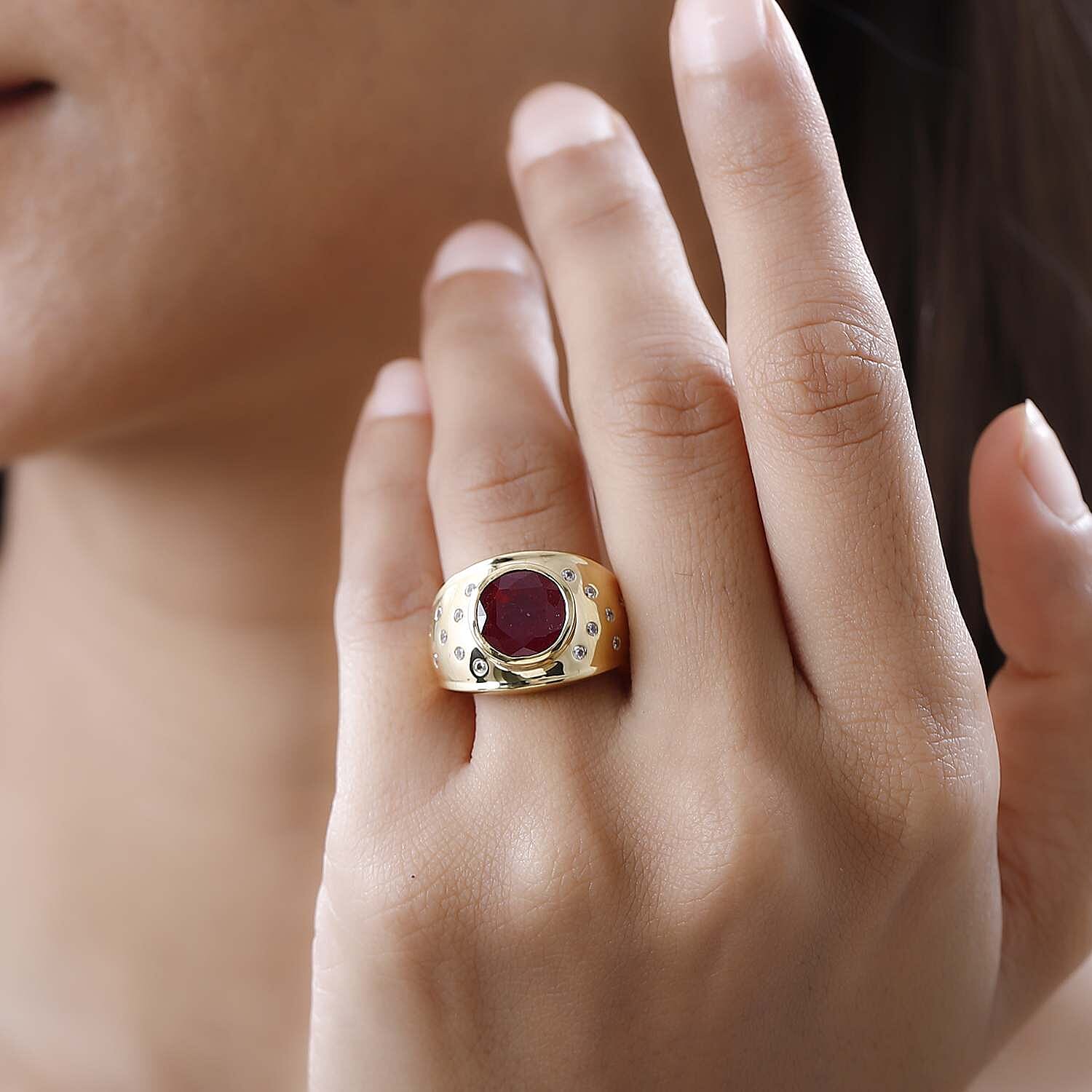 African Ruby and White Zircon 6.27 ctw Ring in 18K Vermeil Yellow Gold Over Sterling Silver (Size 5.5)