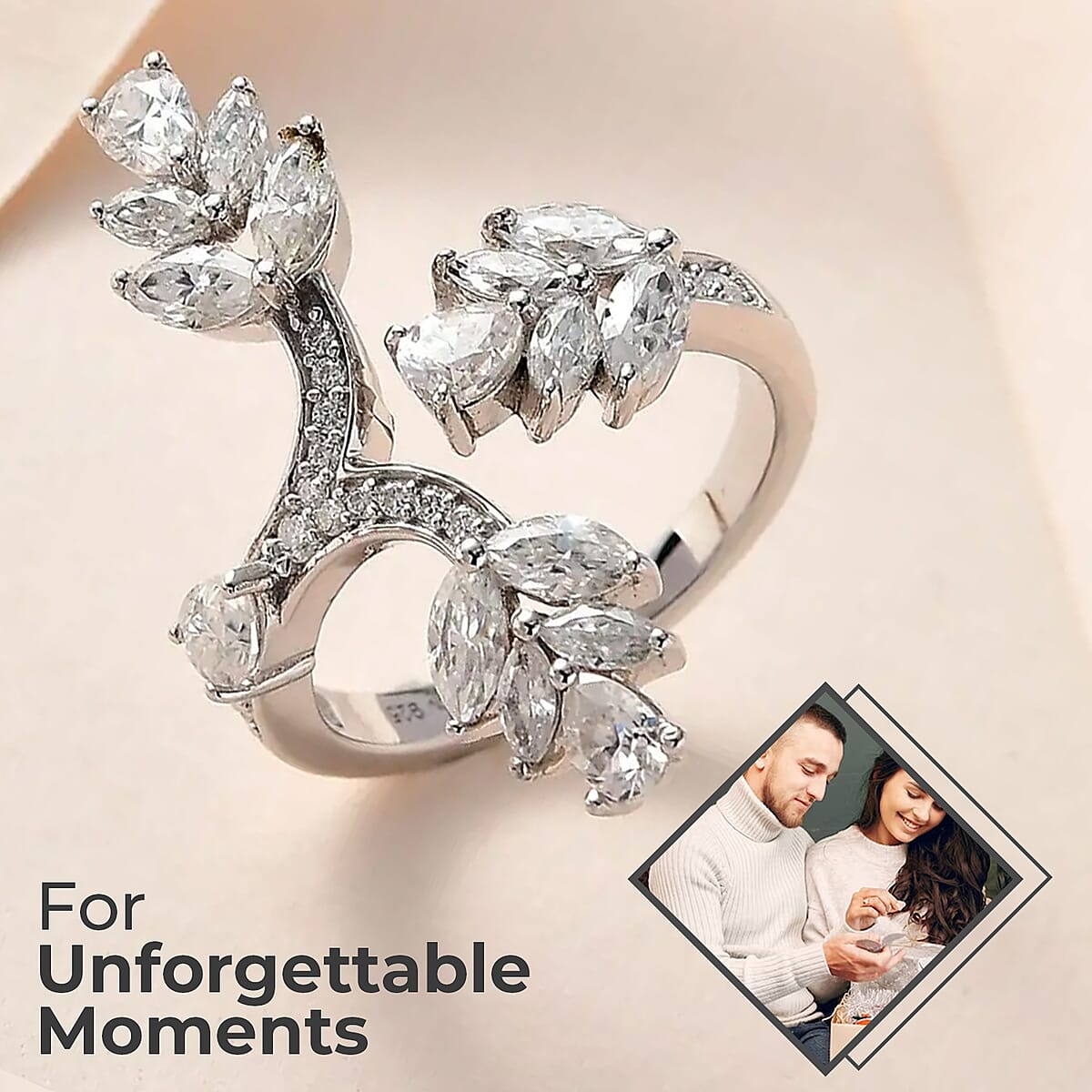 Moissanite Floral Trilogy Open Statement Band Ring in Platinum Over Sterling Silver (Size 6.0) 1.90 ctw image number 1