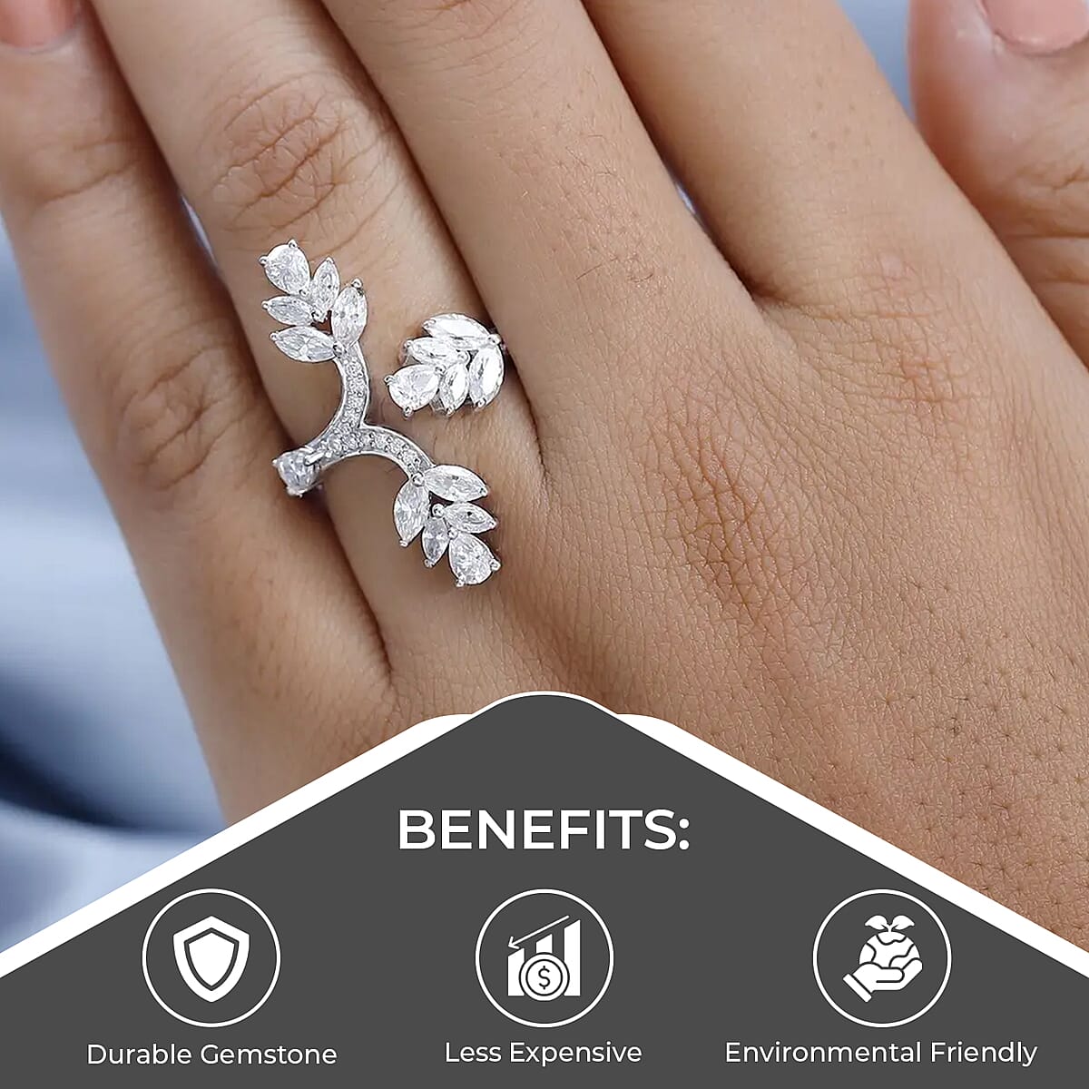 Moissanite Floral Trilogy Open Statement Band Ring in Platinum Over Sterling Silver (Size 6.0) 1.90 ctw image number 3