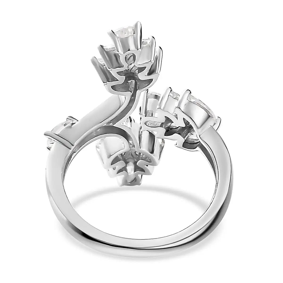 Moissanite Floral Trilogy Open Statement Band Ring in Platinum Over Sterling Silver (Size 6.0) 1.90 ctw image number 5