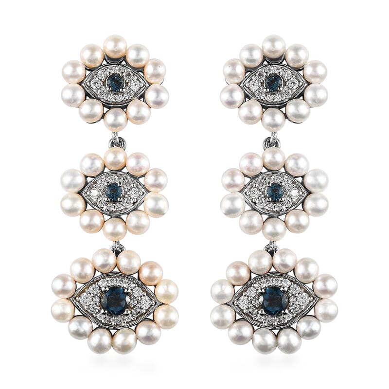 London Blue Topaz and Multi Gemstone Evil Eye Protector Earrings in Platinum Over Sterling Silver 2.00 ctw