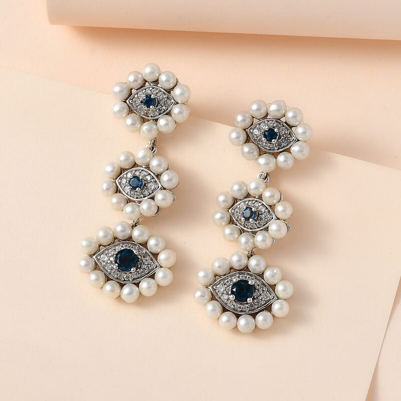London Blue Topaz and Multi Gemstone Evil Eye Protector Earrings in Platinum Over Sterling Silver 2.00 ctw