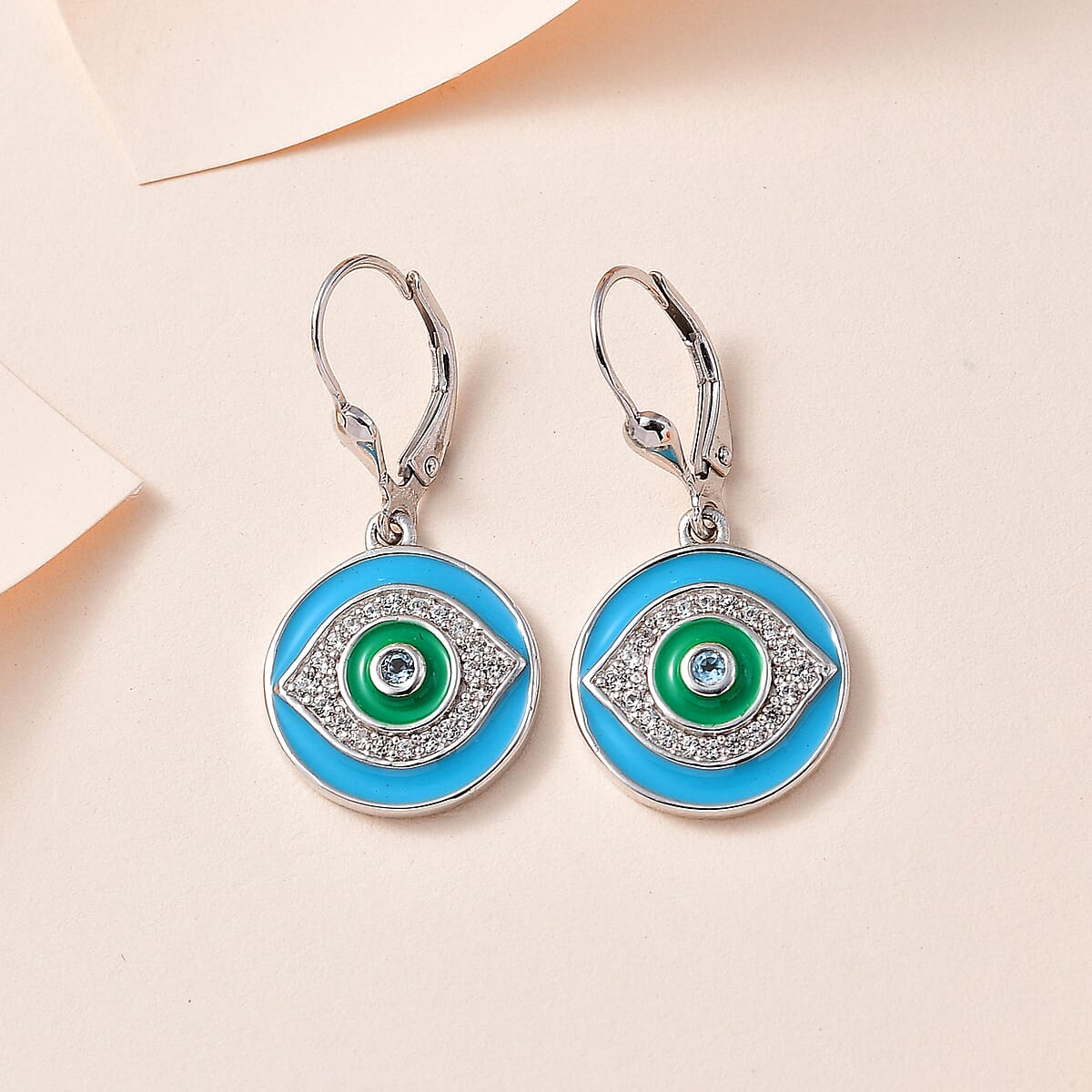 Swiss Blue Topaz and White Zircon Lever Back Earrings in Platinum Over Sterling Silver 0.65 ctw image number 1