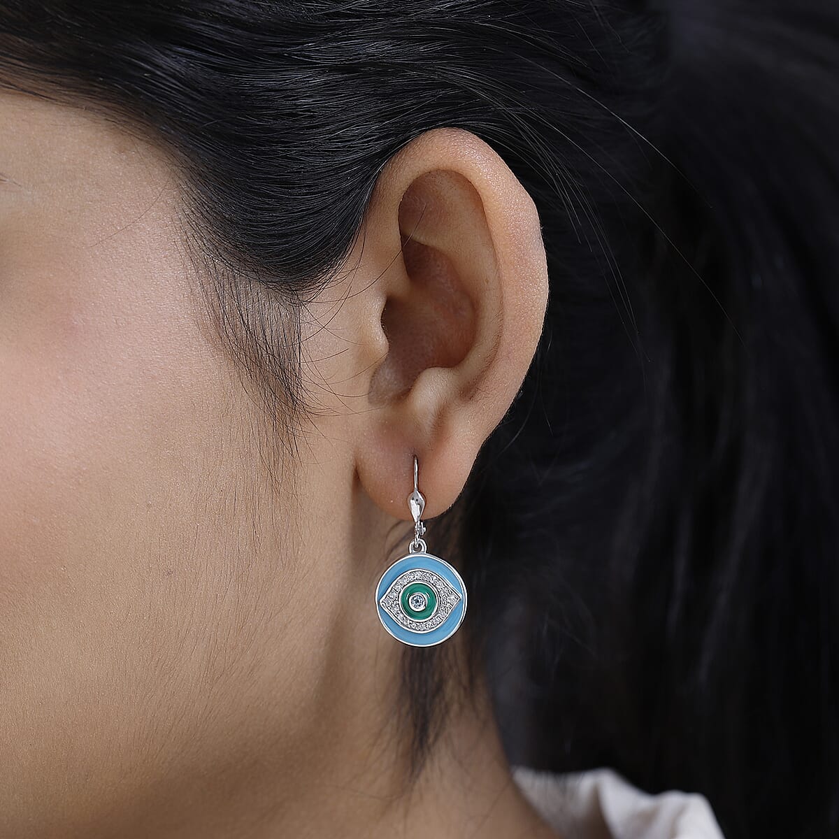 Swiss Blue Topaz and White Zircon Lever Back Earrings in Platinum Over Sterling Silver 0.65 ctw image number 2