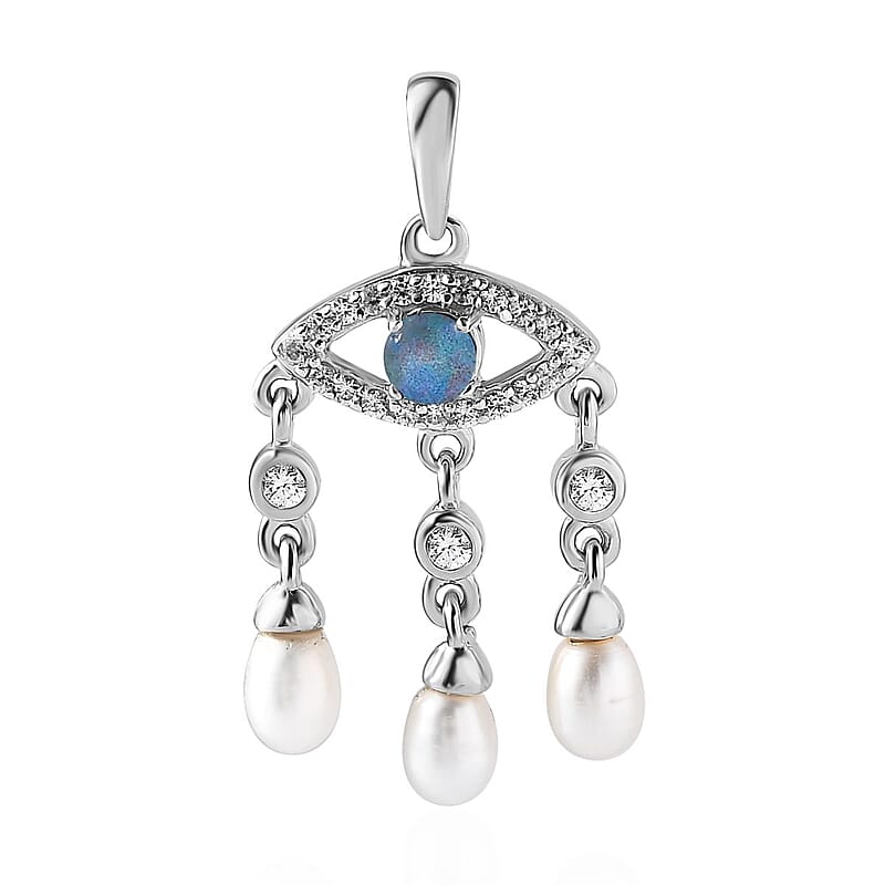 Boulder Opal Triplet and Multi Gemstone Evil Eye Protector Pendant in Platinum Over Sterling Silver 0.65 ctw