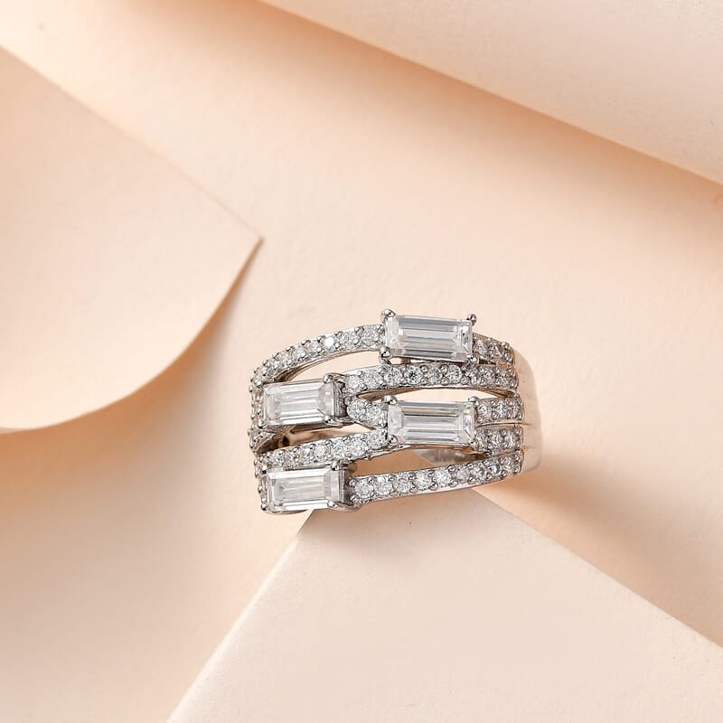 Moissanite Layered Band Ring in Platinum Over Sterling Silver (Size 6.0) 1.75 ctw