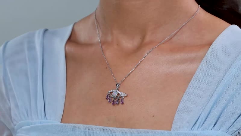 Ethiopian Welo Opal and Multi Gemstone Evil Eye Protector Pendant in Platinum Over Sterling Silver 1.75 ctw