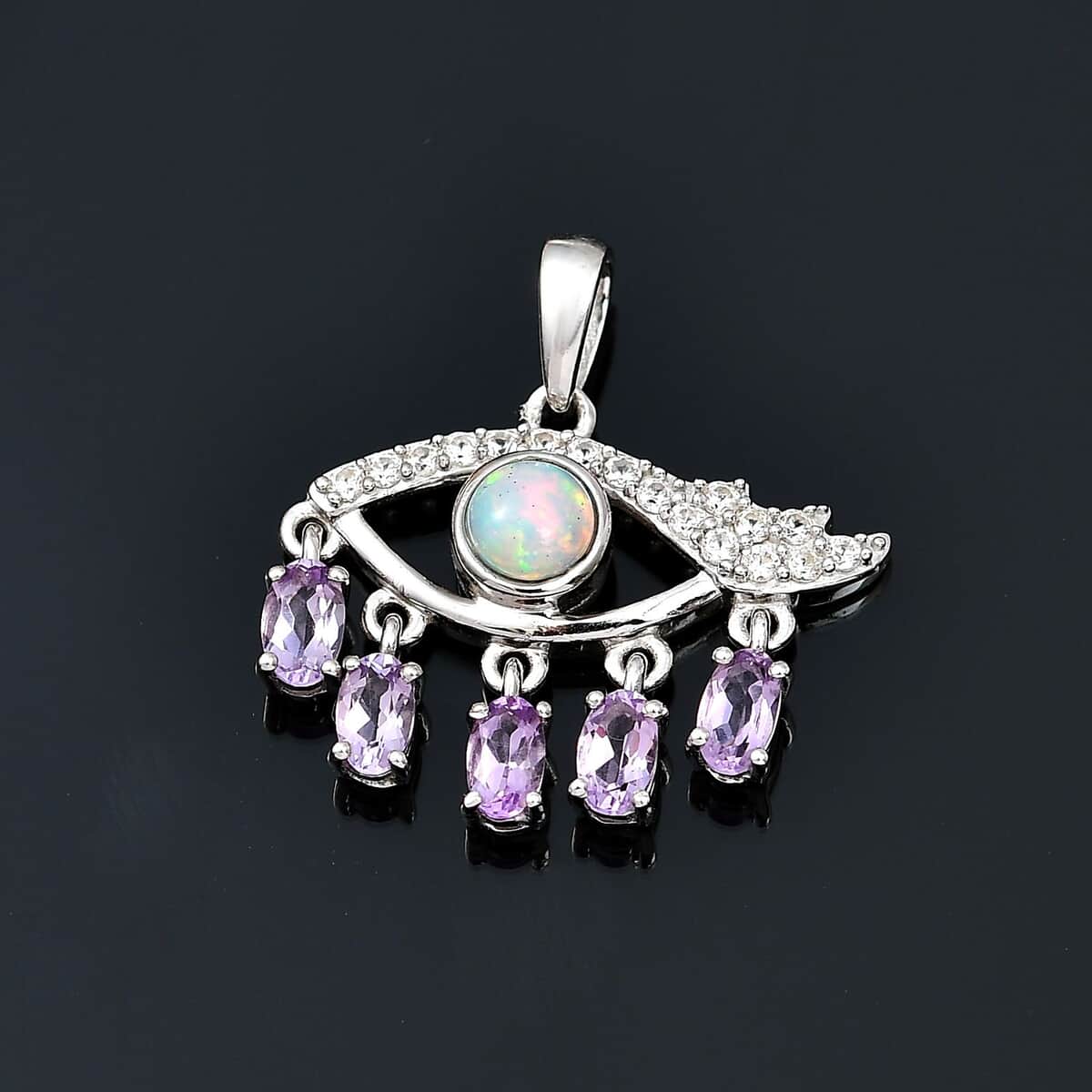 Ethiopian Welo Opal and Multi Gemstone Evil Eye Protector Pendant in Platinum Over Sterling Silver 1.75 ctw image number 1