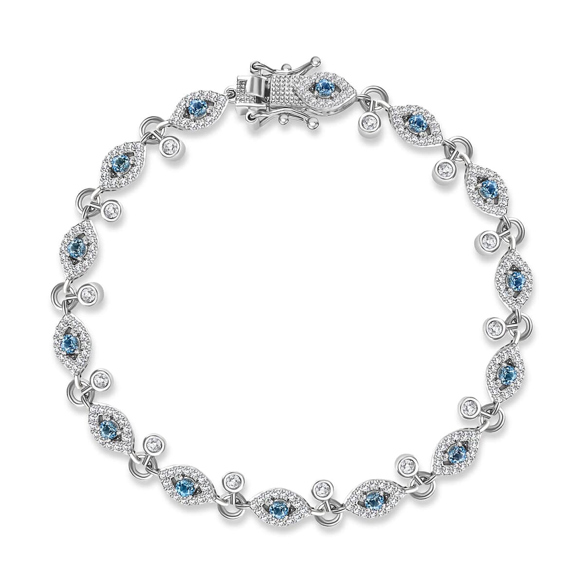 Blue Topaz and White Zircon Evil Eye Protector Station Charm Bracelet in Platinum Over Sterling Silver (7.25 In) 3.70 ctw image number 0