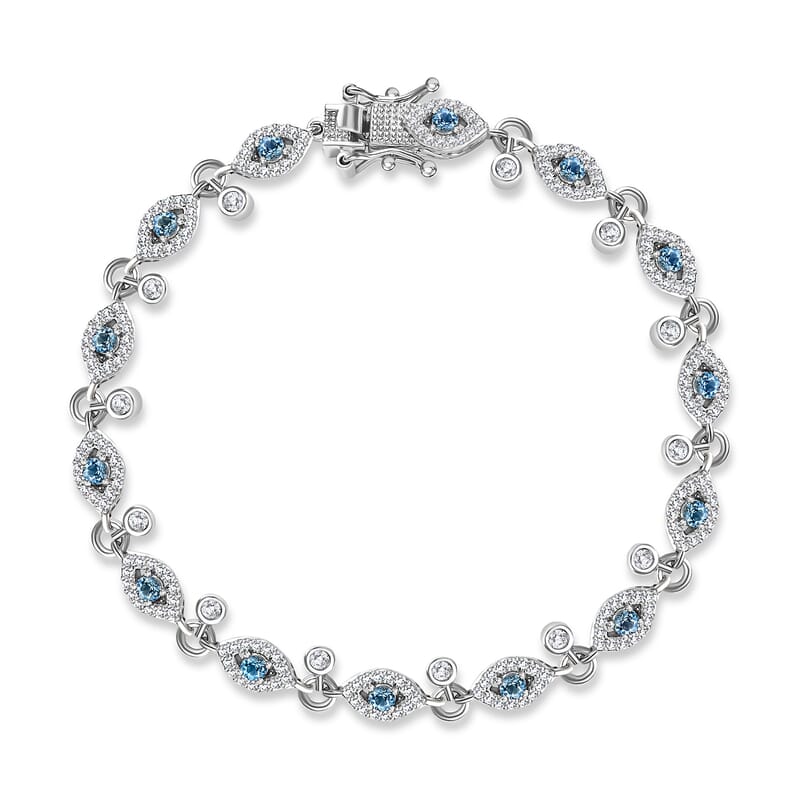 Blue Topaz and White Zircon Evil Eye Protector Station Charm Bracelet in Platinum Over Sterling Silver (7.25 In) 3.70 ctw