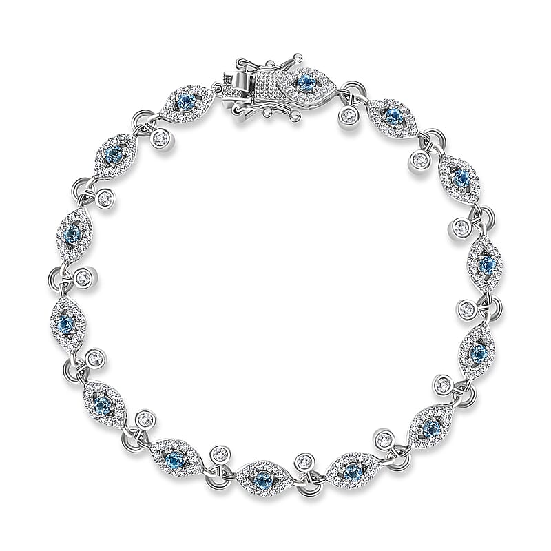 Blue Topaz and White Zircon Evil Eye Protector Station Charm Bracelet in Platinum Over Sterling Silver (7.25 In) 3.70 ctw