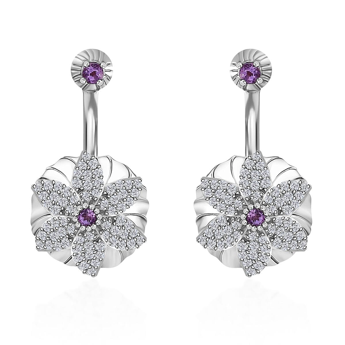 Rose De France Amethyst and White Zircon Floral Earrings in Platinum Over Sterling Silver 1.15 ctw