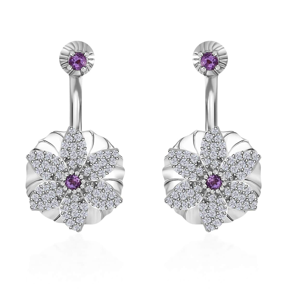 Rose De France Amethyst and White Zircon Floral Earrings in Platinum Over Sterling Silver 1.15 ctw image number 0
