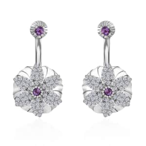 Rose De France Amethyst and White Zircon Floral Earrings in Platinum Over Sterling Silver 1.15 ctw