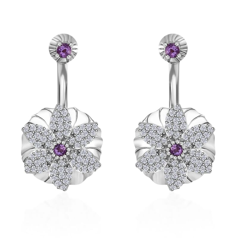 Rose De France Amethyst and White Zircon Floral Earrings in Platinum Over Sterling Silver 1.15 ctw