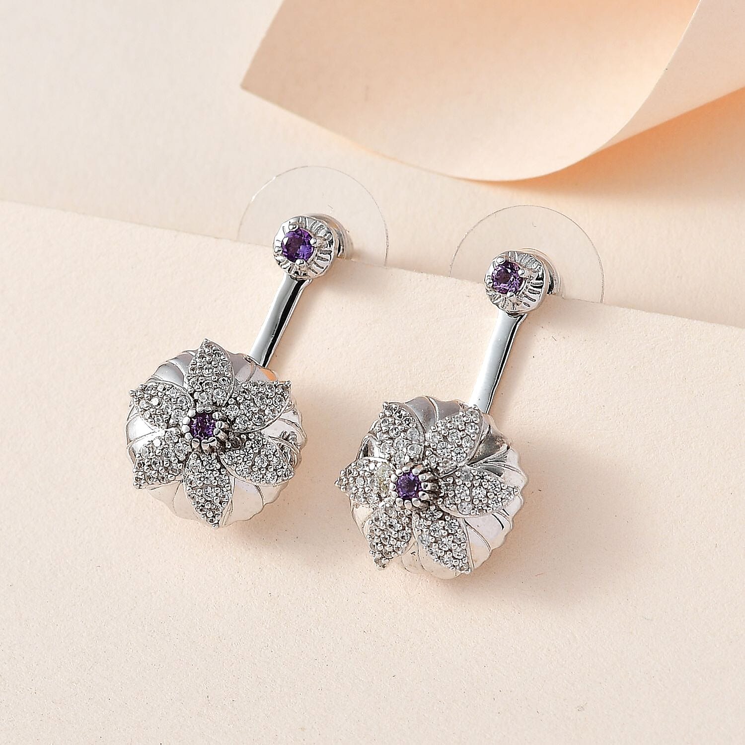 Rose De France Amethyst and White Zircon Floral Earrings in Platinum Over Sterling Silver 1.15 ctw