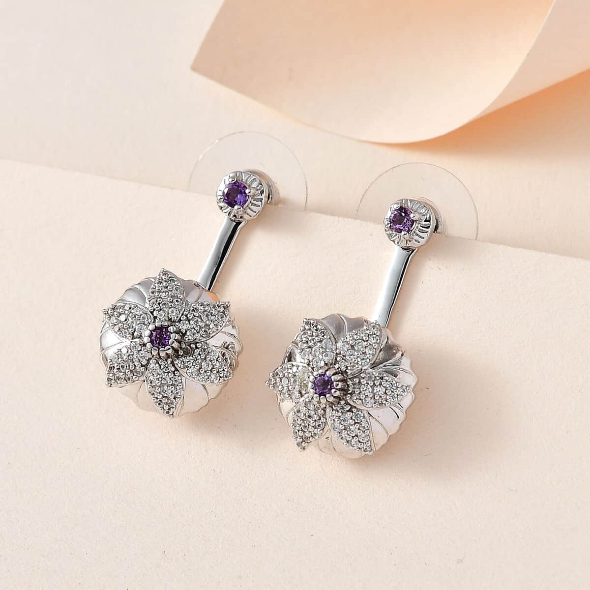 Rose De France Amethyst and White Zircon Floral Earrings in Platinum Over Sterling Silver 1.15 ctw image number 1